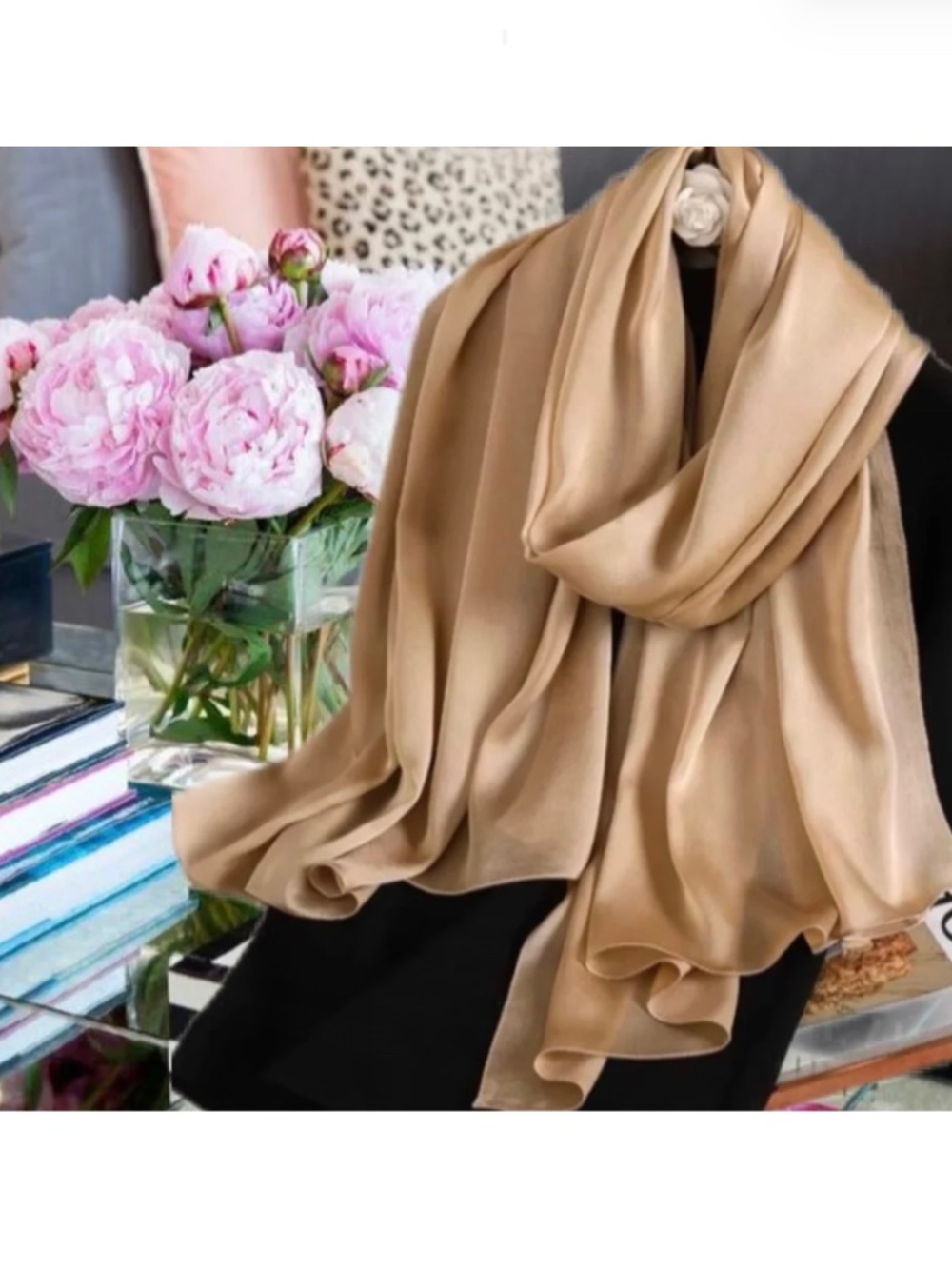 Light Camel Brown 100% SILK SATIN Large Shawl Scarf Wrap Beige Wedding CoverUp